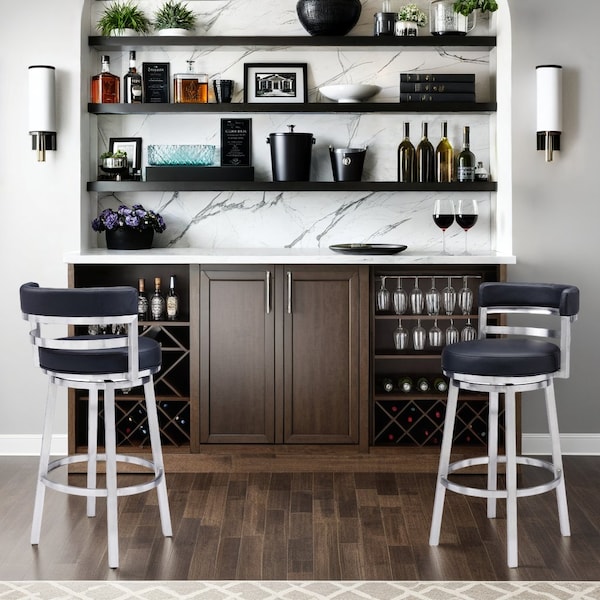 Armen Living Madrid 30" Bar Height Swivel Black Faux Leather and Brushed Stainless Steel Bar Stool LCMABABSBL30 - main